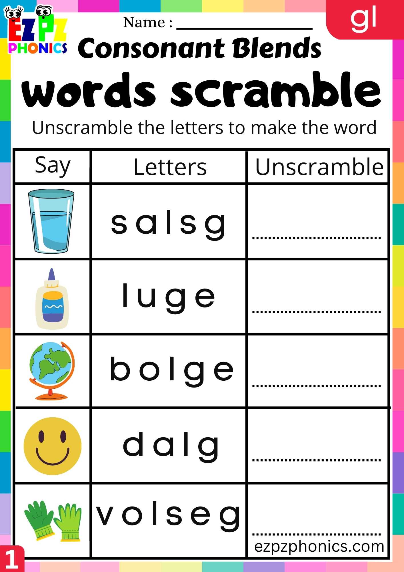 Group1 GL Words Words Scramble Phonics Consonant Blends Worksheet